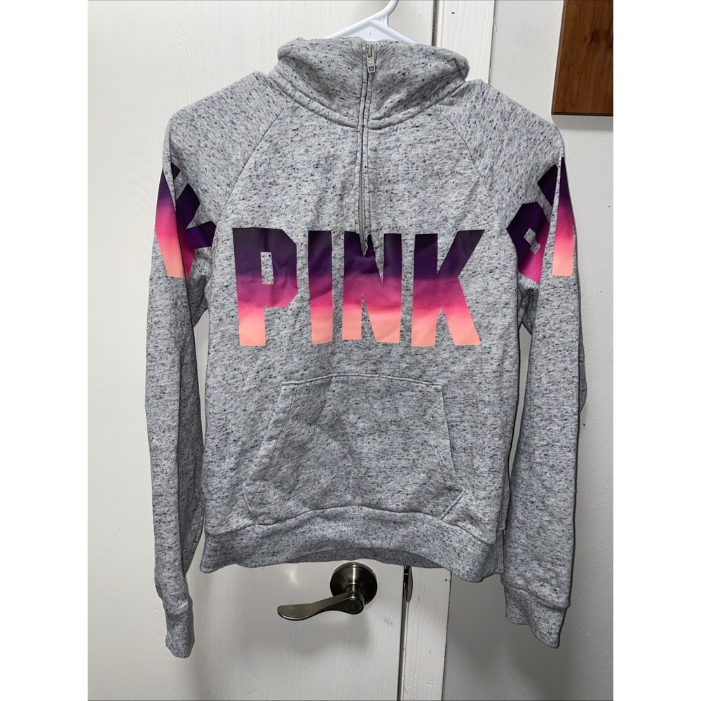 VS VICTORIAS SECRET PINK PERFECT QUARTER ZIP SWEATER JACKET HEATHER RIVERSTONE S